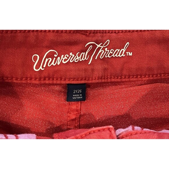 Universal Thread Wmn Red Denim Shorts High Rise Shortie Cut Off Fringe Stretch 2 - Picture 5 of 7